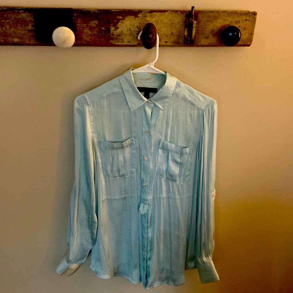 Ice blue silk long-sleeved blouse